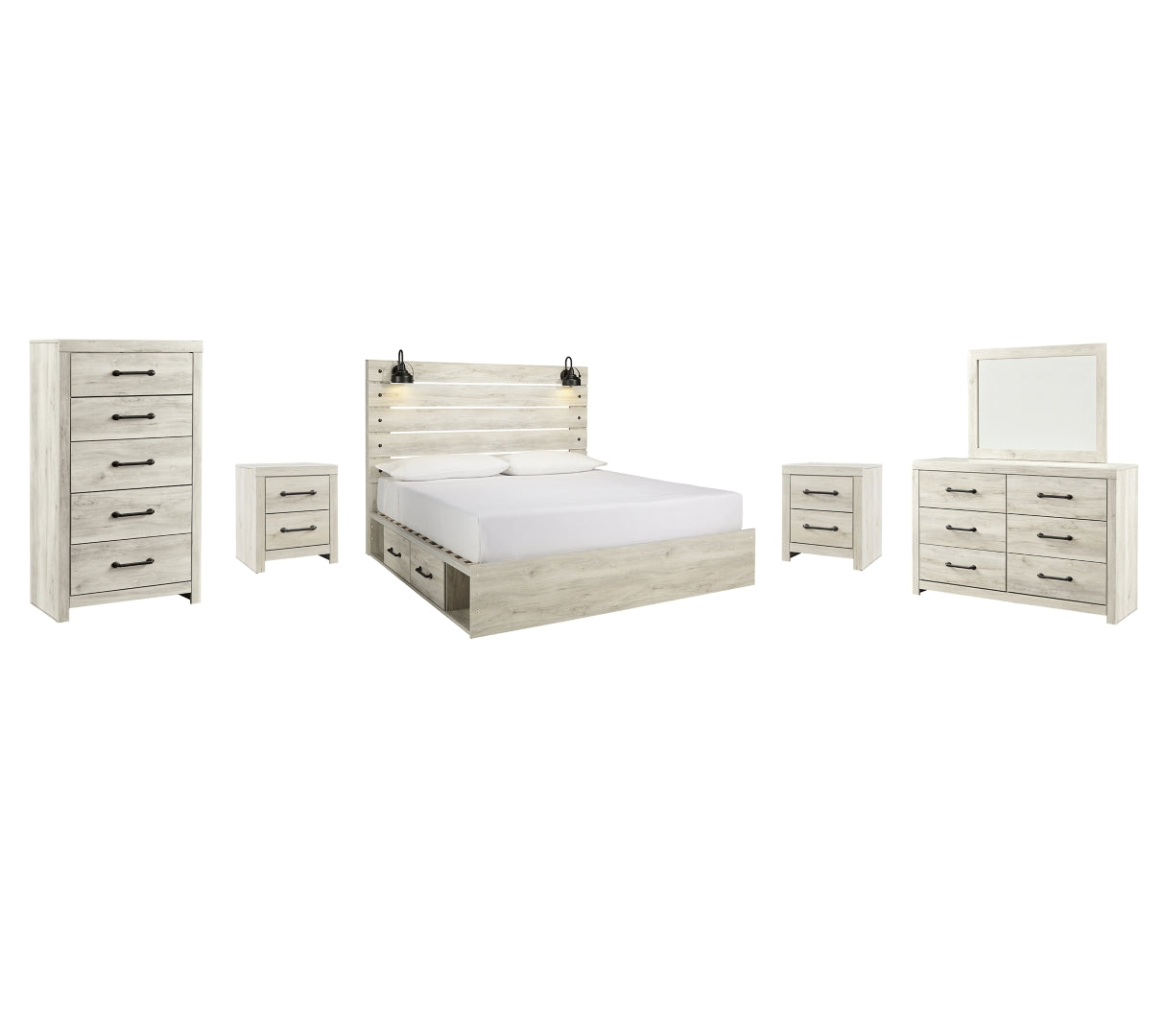 Cambeck King Panel Bed with 2 Storage Drawers with Mirrored Dresser, Chest and 2 Nightstands I