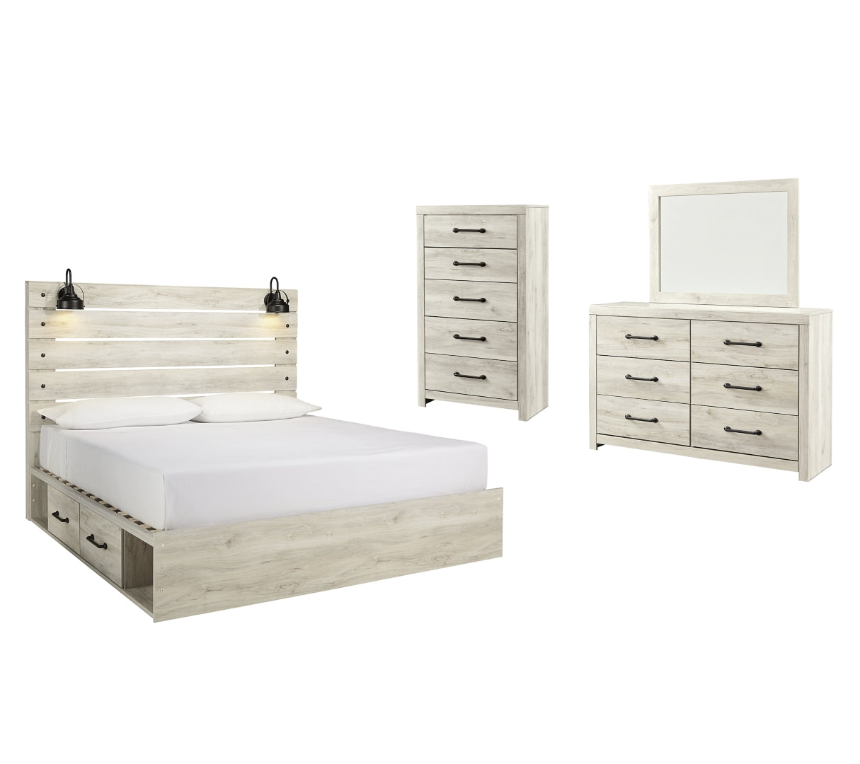 Cambeck King Panel Bed with 2 Storage Drawers with Mirrored Dresser, Chest and Nightstand I