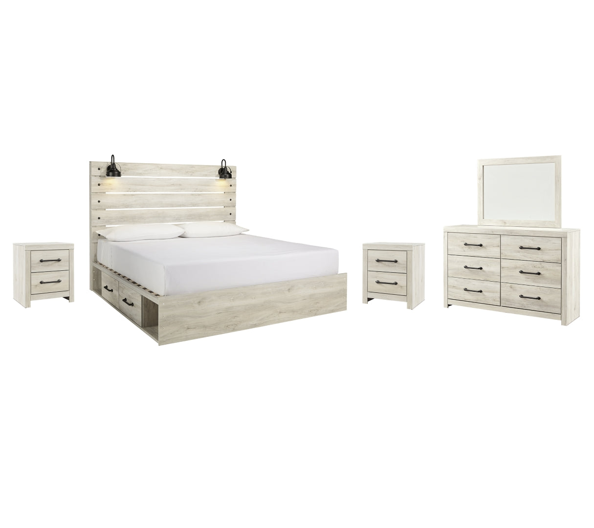 Cambeck King Panel Bed with 2 Storage Drawers with Mirrored Dresser and 2 Nightstands I