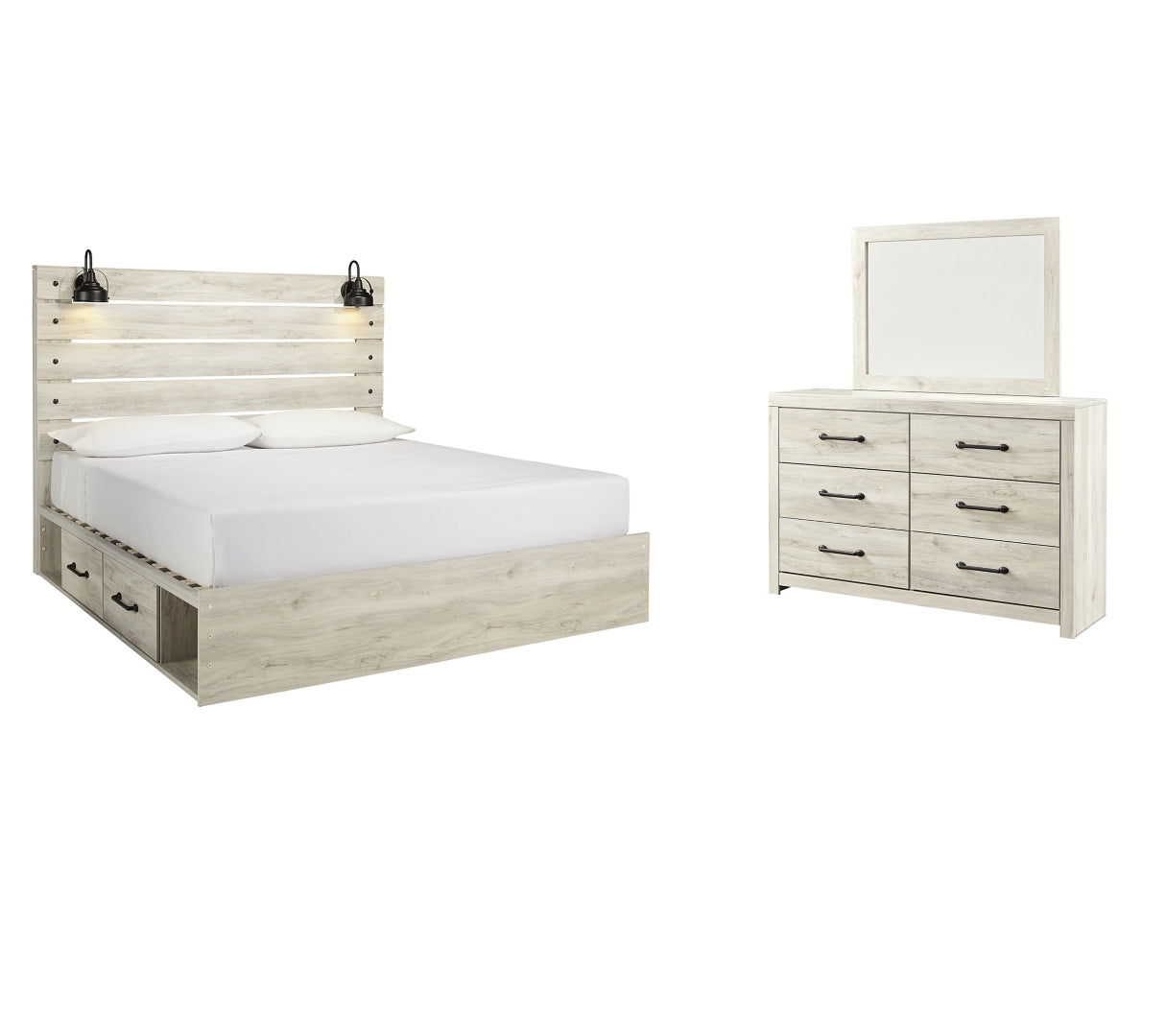 Cambeck King Panel Bed with 2 Storage Drawers with Mirrored Dresser I