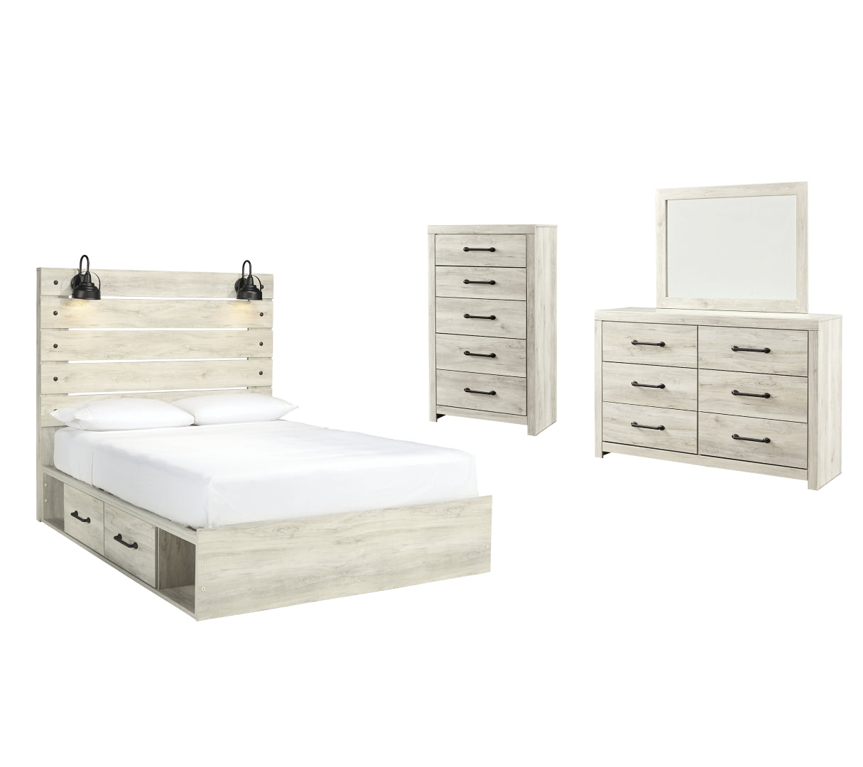 Cambeck Queen Panel Bed with 4 Storage Drawers with Mirrored Dresser and Chest