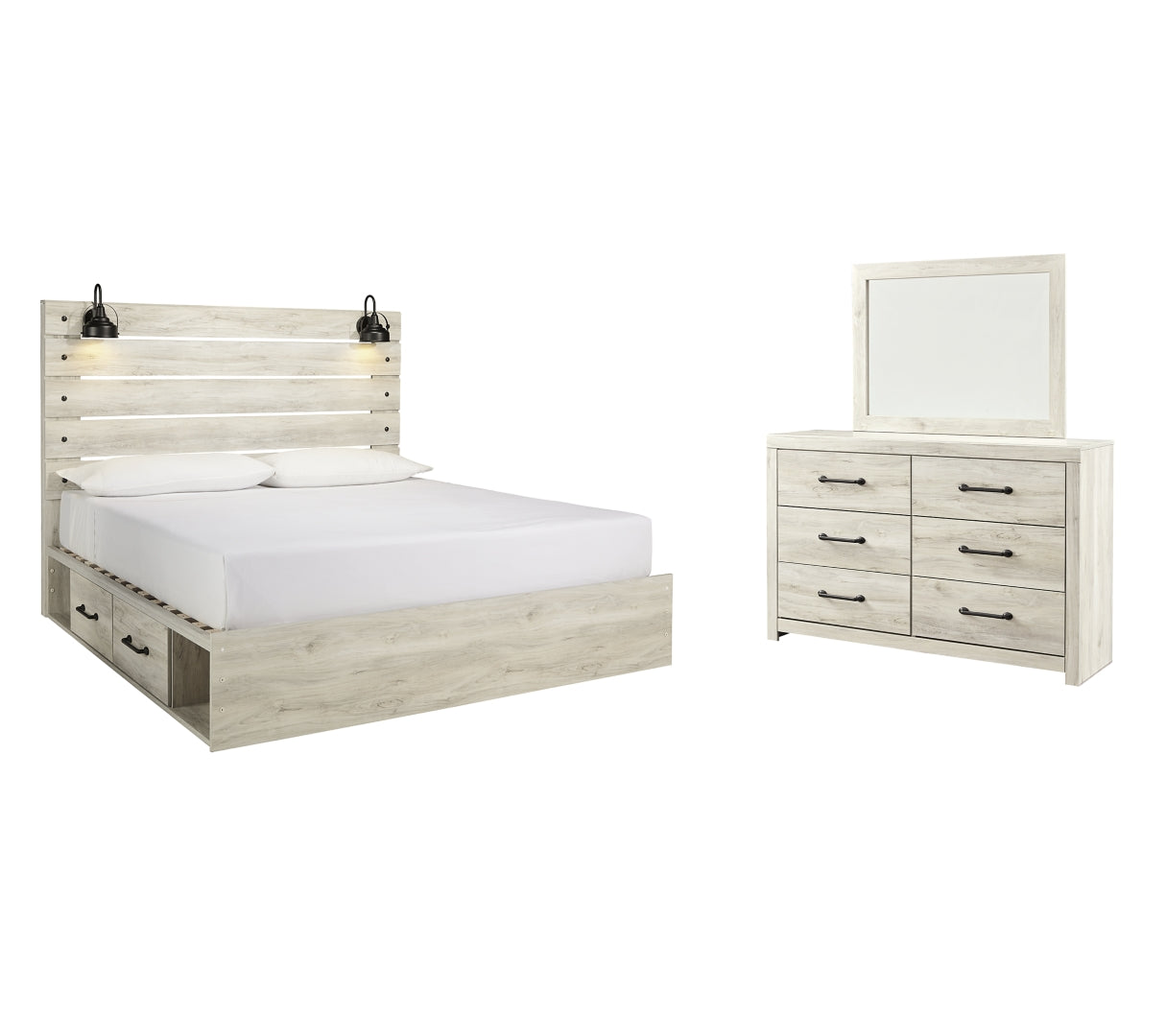 Cambeck King Panel Bed with 4 Storage Drawers with Mirrored Dresser