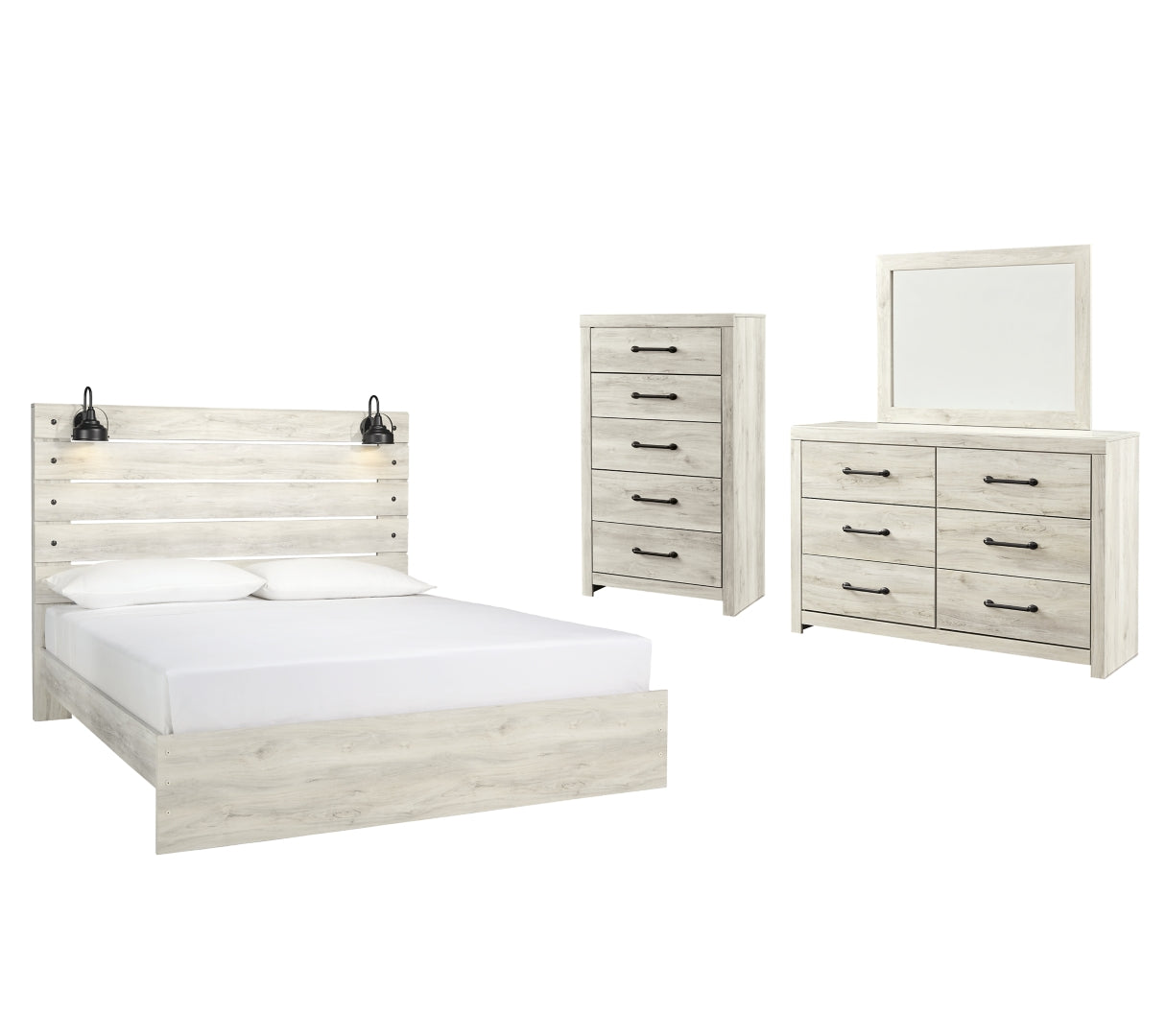 Cambeck King Panel Bed with Mirrored Dresser and Chest