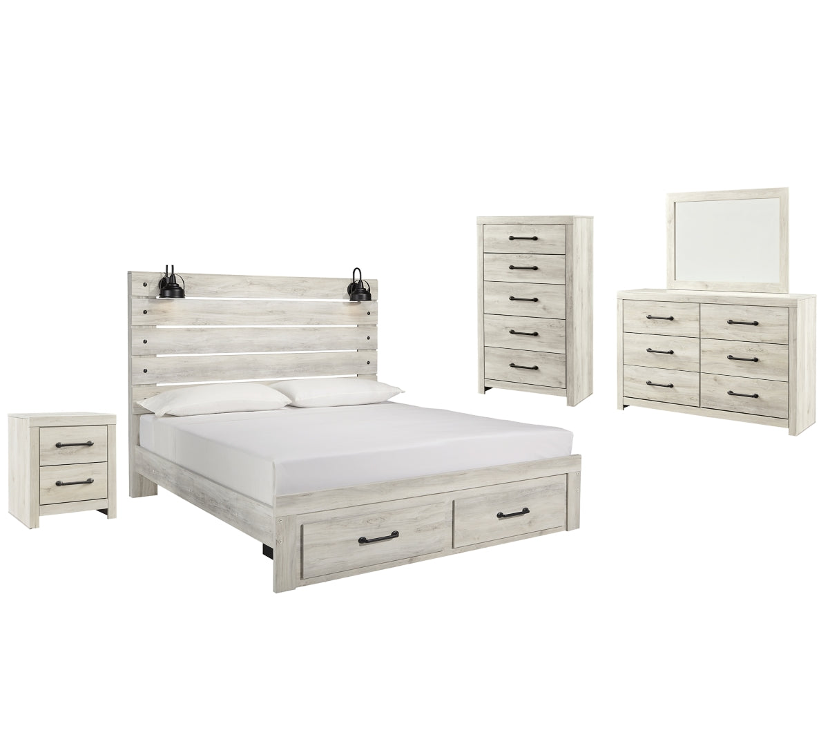 Cambeck King Panel Bed with 2 Storage Drawers with Mirrored Dresser, Chest and Nightstand