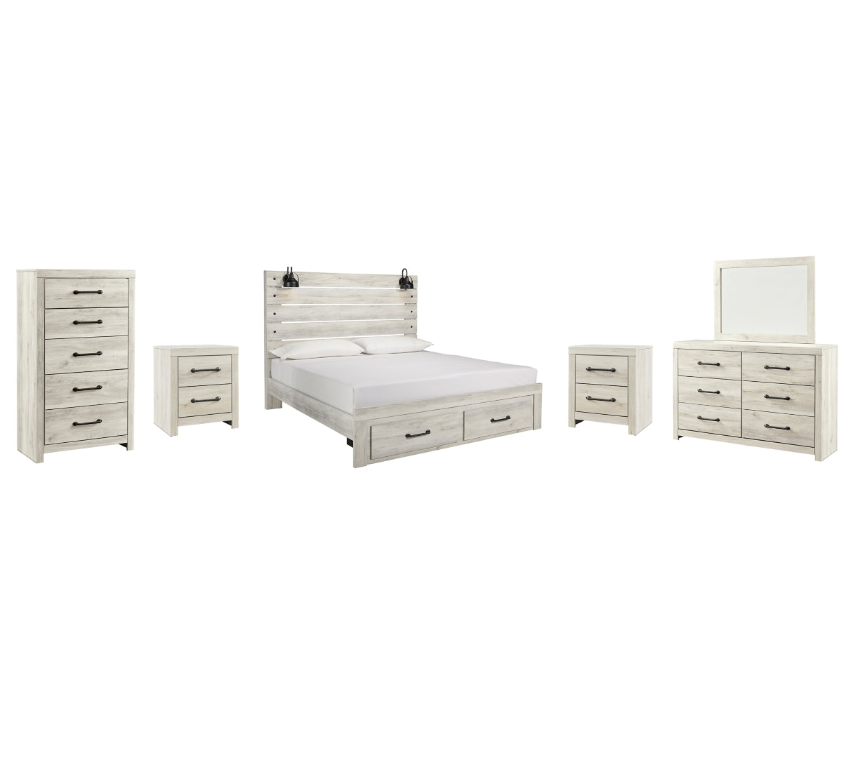 Cambeck King Panel Bed with 2 Storage Drawers with Mirrored Dresser, Chest and 2 Nightstands