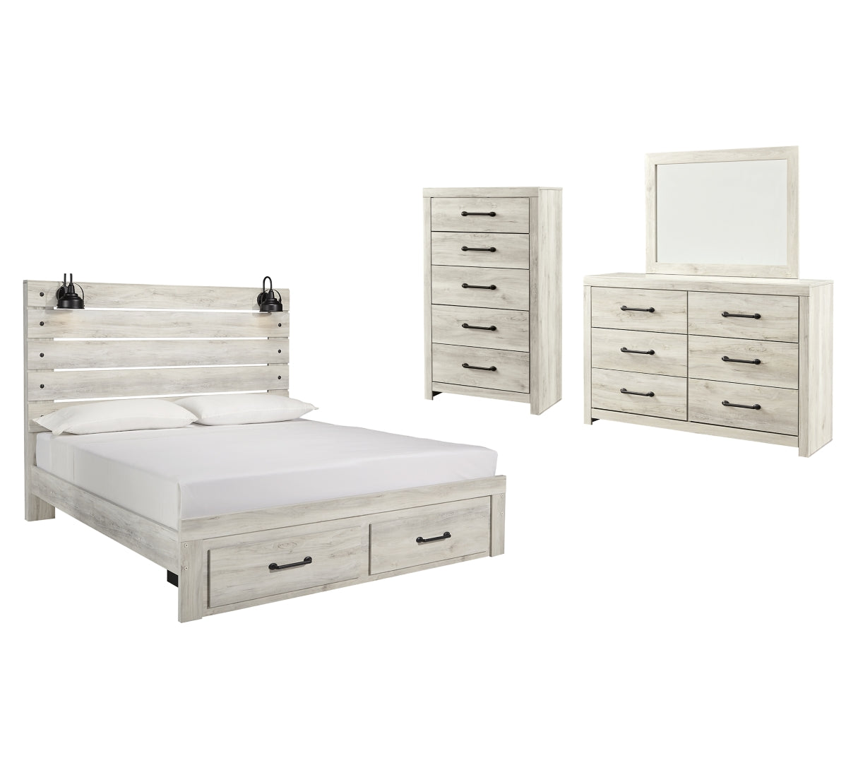 Cambeck King Panel Bed with 2 Storage Drawers with Mirrored Dresser and Chest I