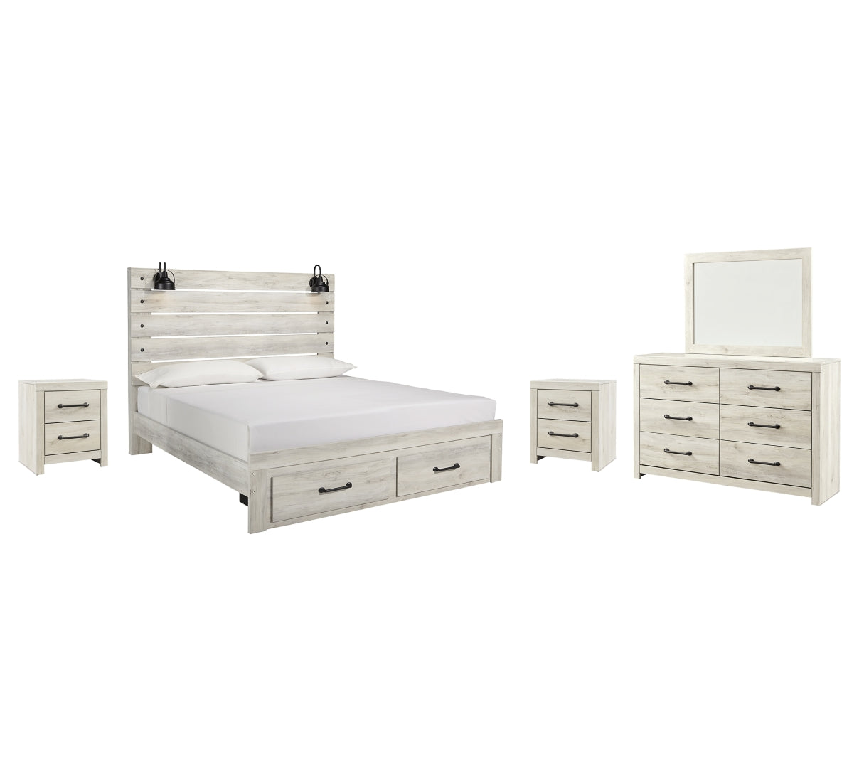 Cambeck King Panel Bed with 2 Storage Drawers with Mirrored Dresser and 2 Nightstands