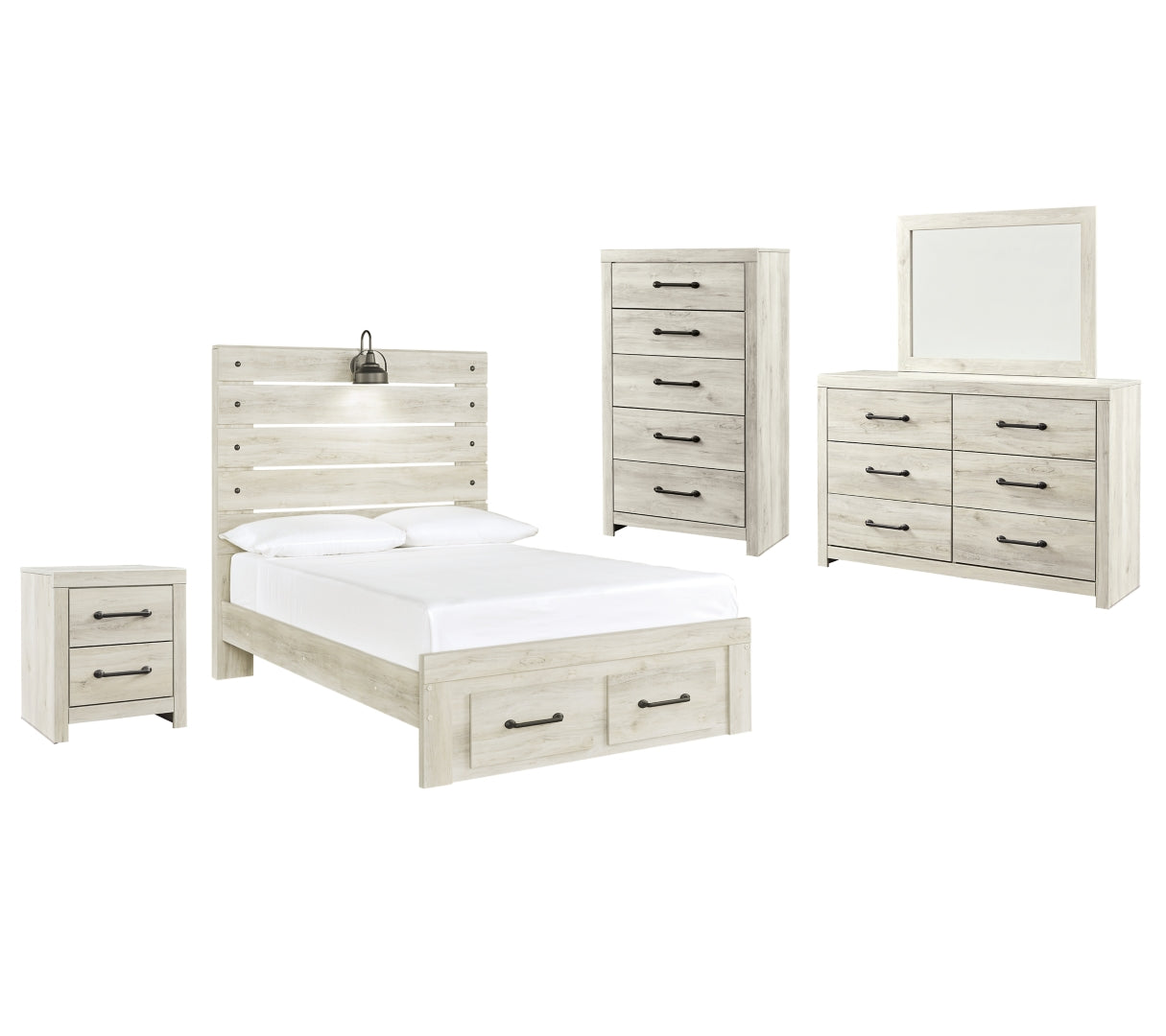 Cambeck Full Panel Bed with 2 Storage Drawers with Mirrored Dresser, Chest and Nightstand