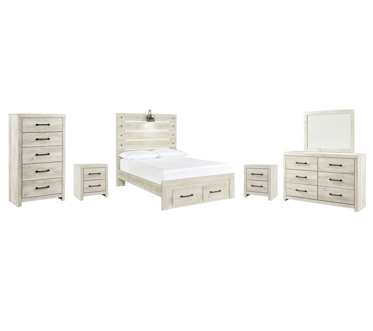 Cambeck Full Panel Bed with 2 Storage Drawers with Mirrored Dresser, Chest and 2 Nightstands