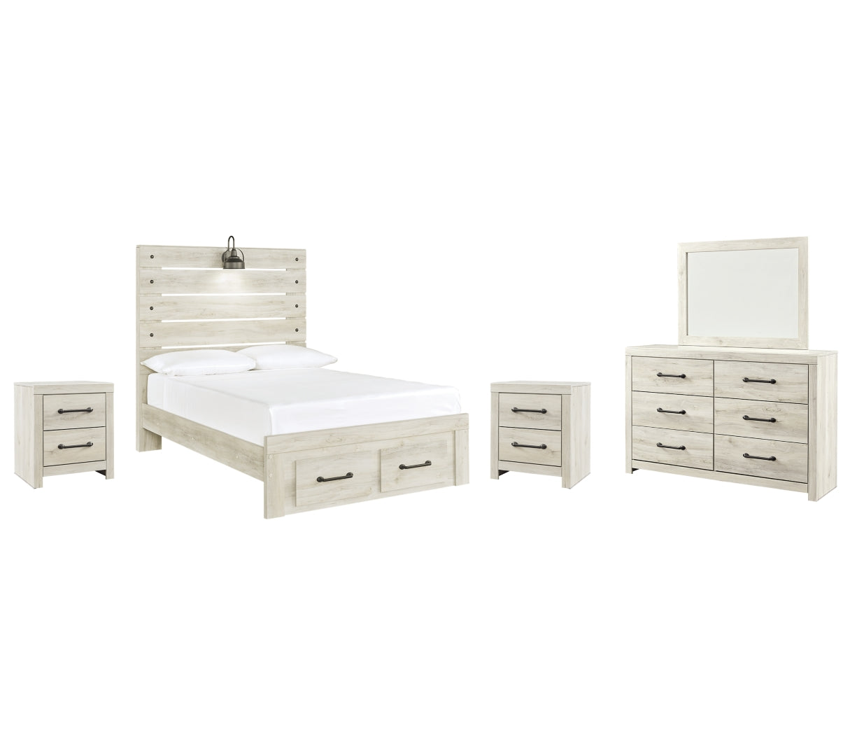 Cambeck Full Panel Bed with 2 Storage Drawers with Mirrored Dresser and 2 Nightstands II