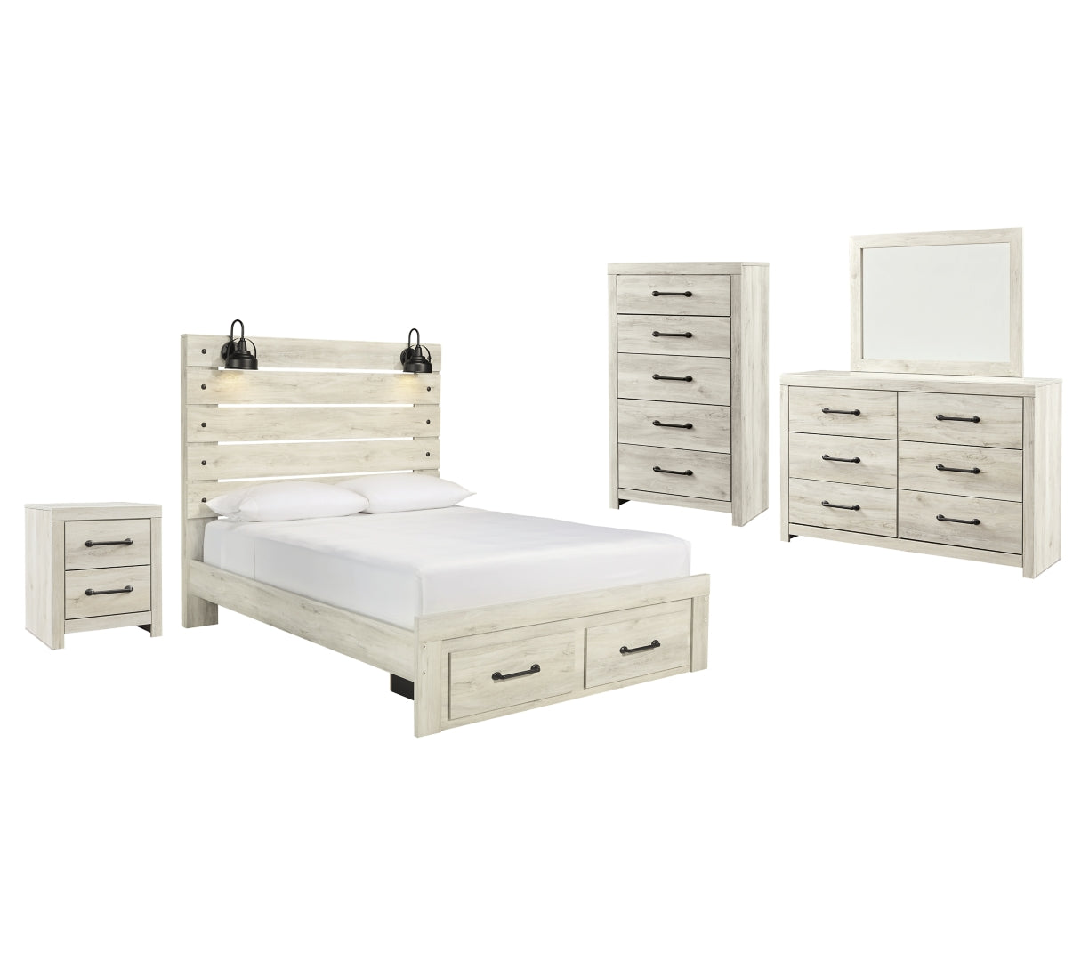 Cambeck Queen Panel Bed with 2 Storage Drawers with Mirrored Dresser, Chest and Nightstand