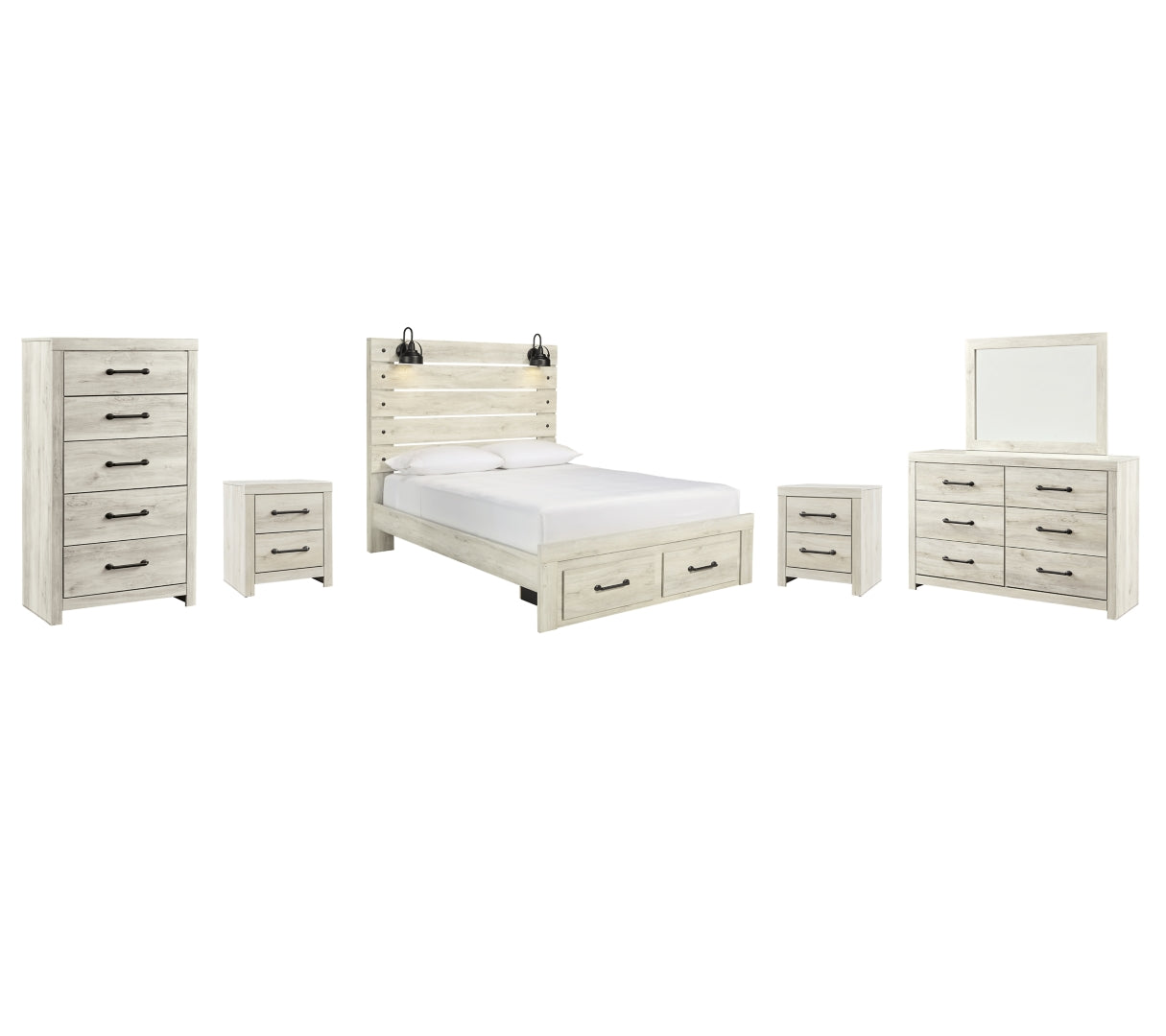 Cambeck Queen Panel Bed with 2 Storage Drawers with Mirrored Dresser, Chest and 2 Nightstands