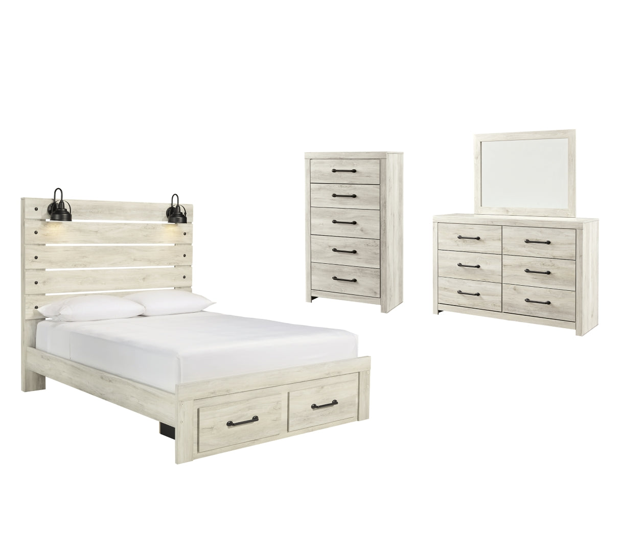 Cambeck Queen Panel Bed with 2 Storage Drawers with Mirrored Dresser and Chest