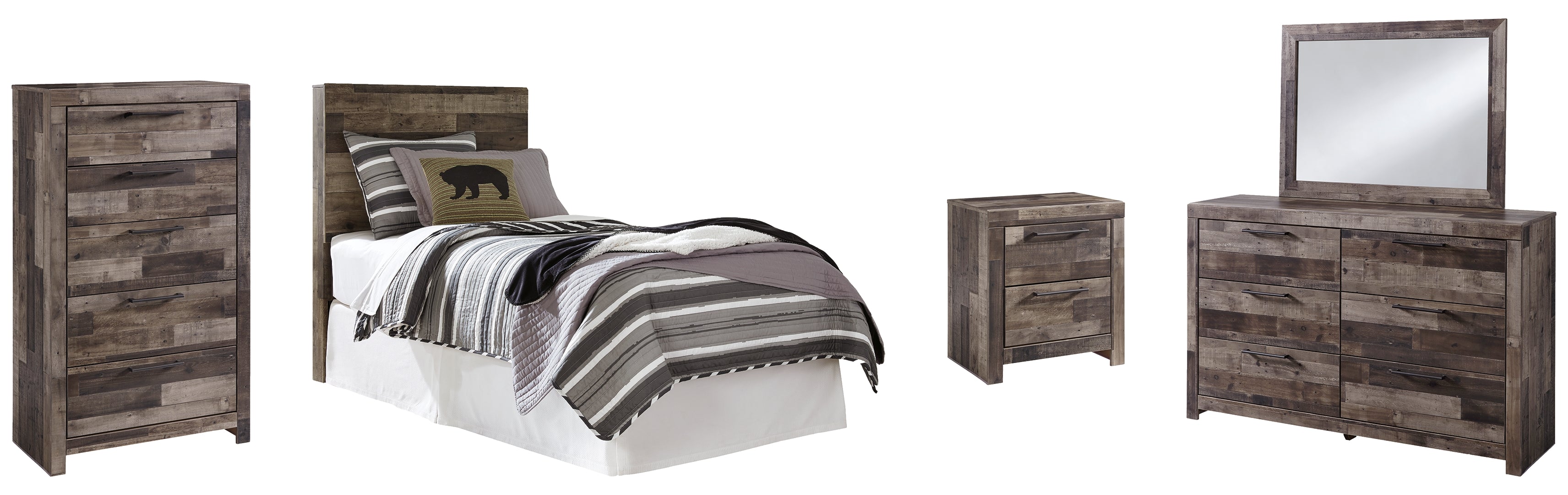 Derekson Twin Panel Headboard Bed with Mirrored Dresser, Chest and Nightstand