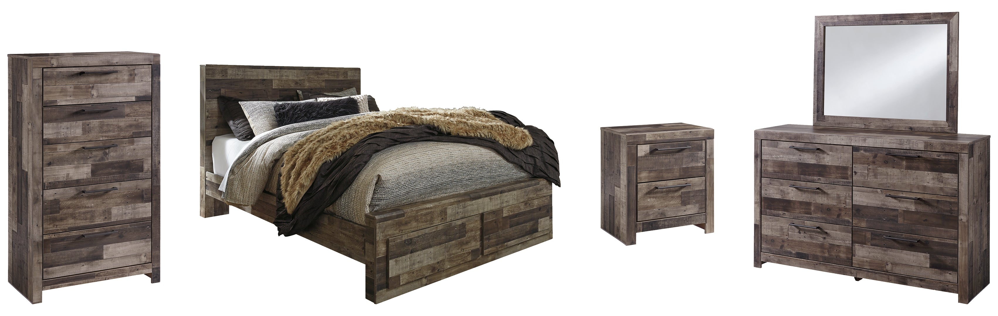 Derekson Queen Panel Bed with 2 Storage Drawers with Mirrored Dresser, Chest and Nightstand II