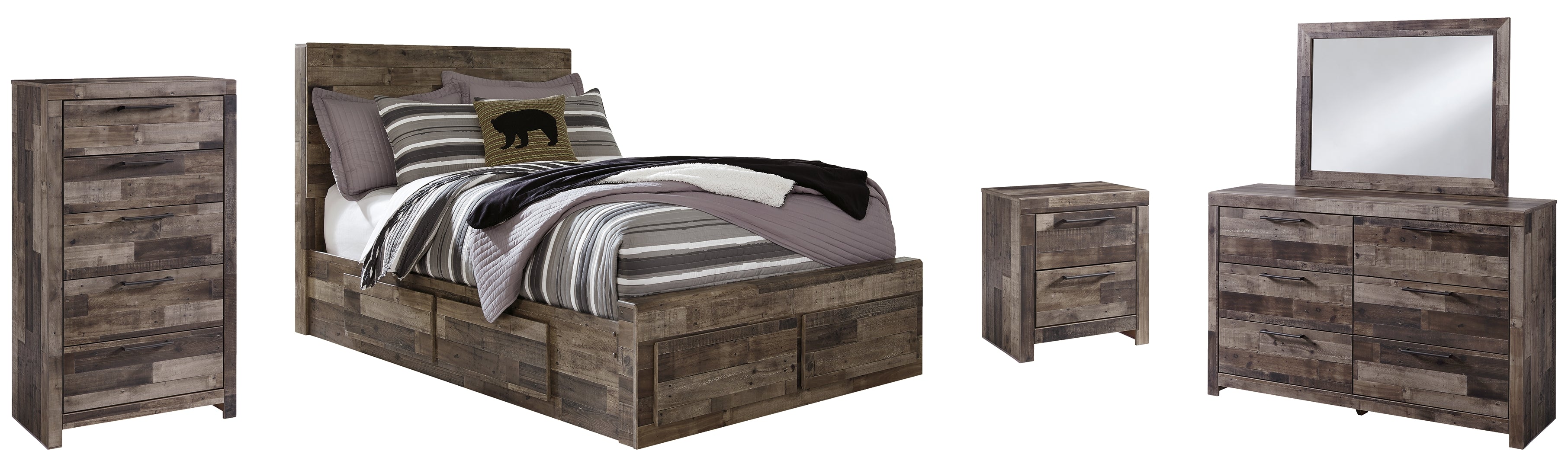 Derekson Full Panel Bed with 6 Storage Drawers with Mirrored Dresser, Chest and Nightstand