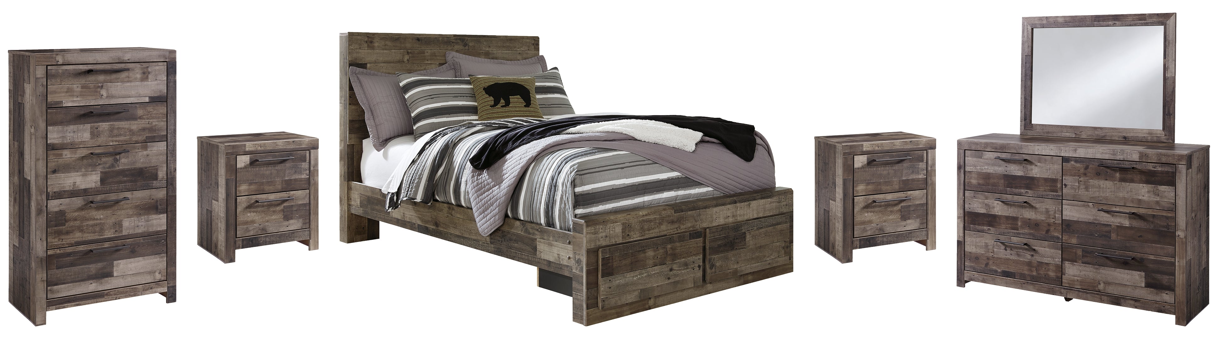 Derekson Full Panel Bed with 2 Storage Drawers with Mirrored Dresser, Chest and 2 Nightstands