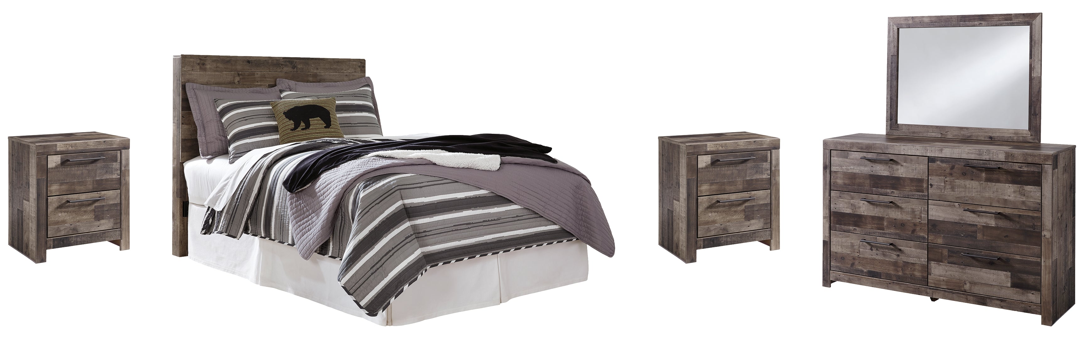 Derekson Full Panel Headboard Bed with Mirrored Dresser and 2 Nightstands