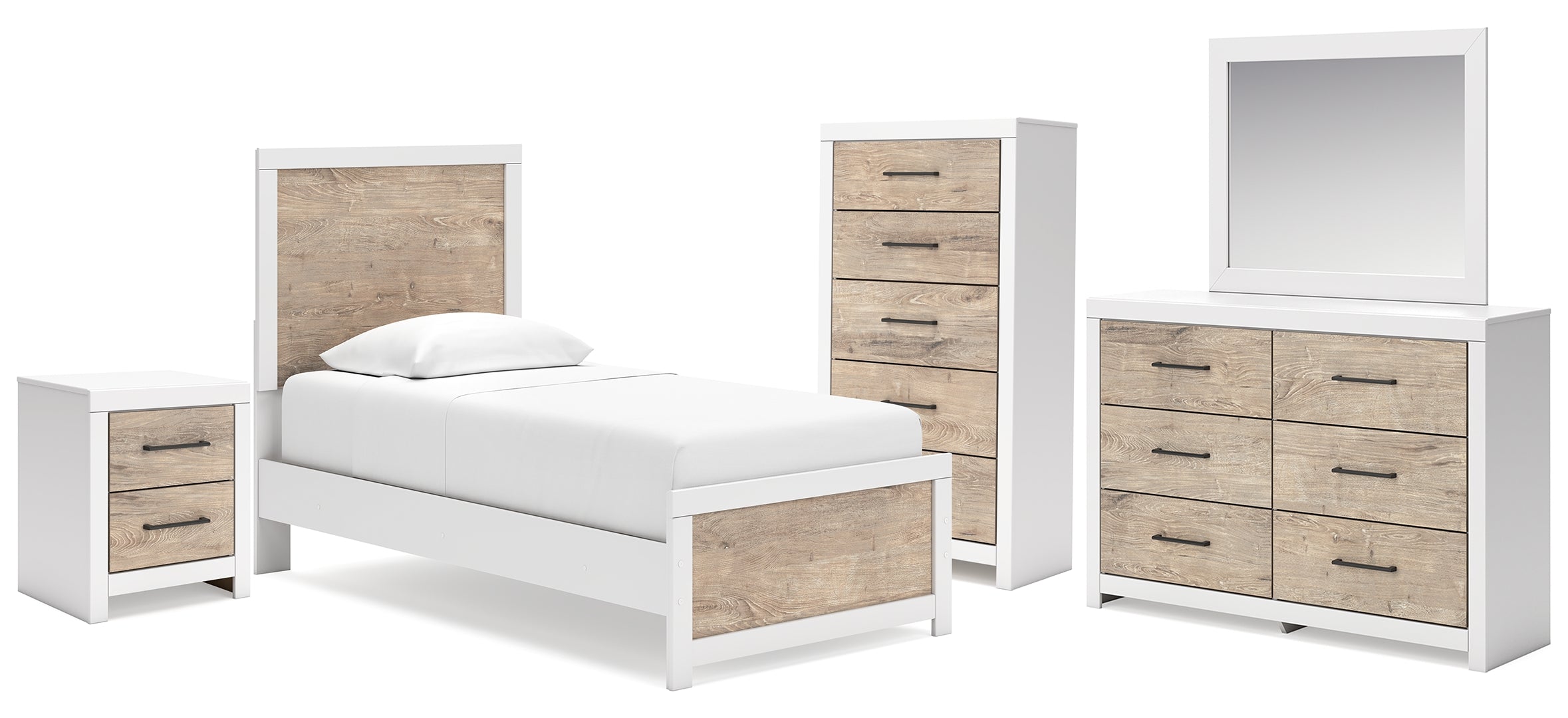 Charbitt Twin Panel Bed with Mirrored Dresser, Chest and Nightstand