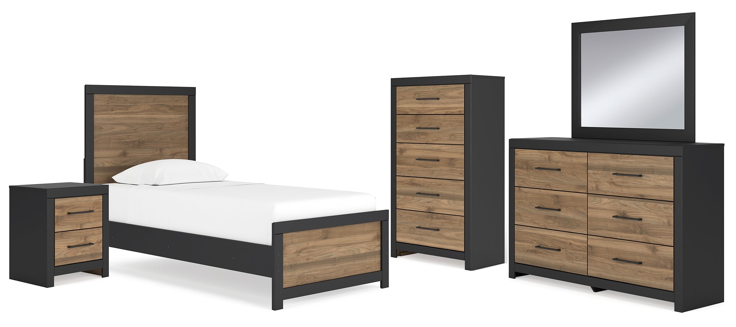 Vertani Twin Panel Bed with Mirrored Dresser, Chest and Nightstand