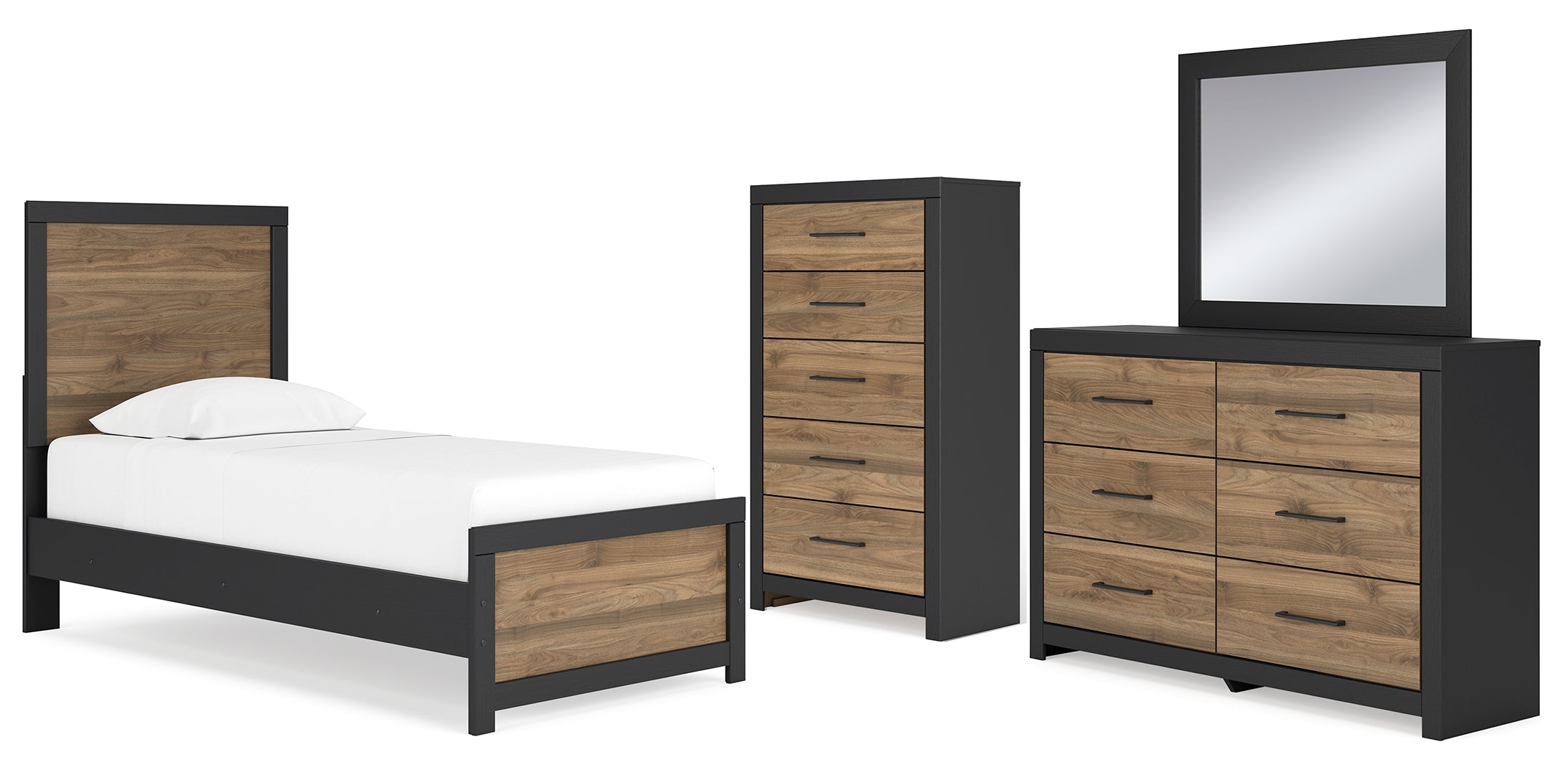 Vertani Twin Panel Bed with Storage with Mirrored Dresser and Chest