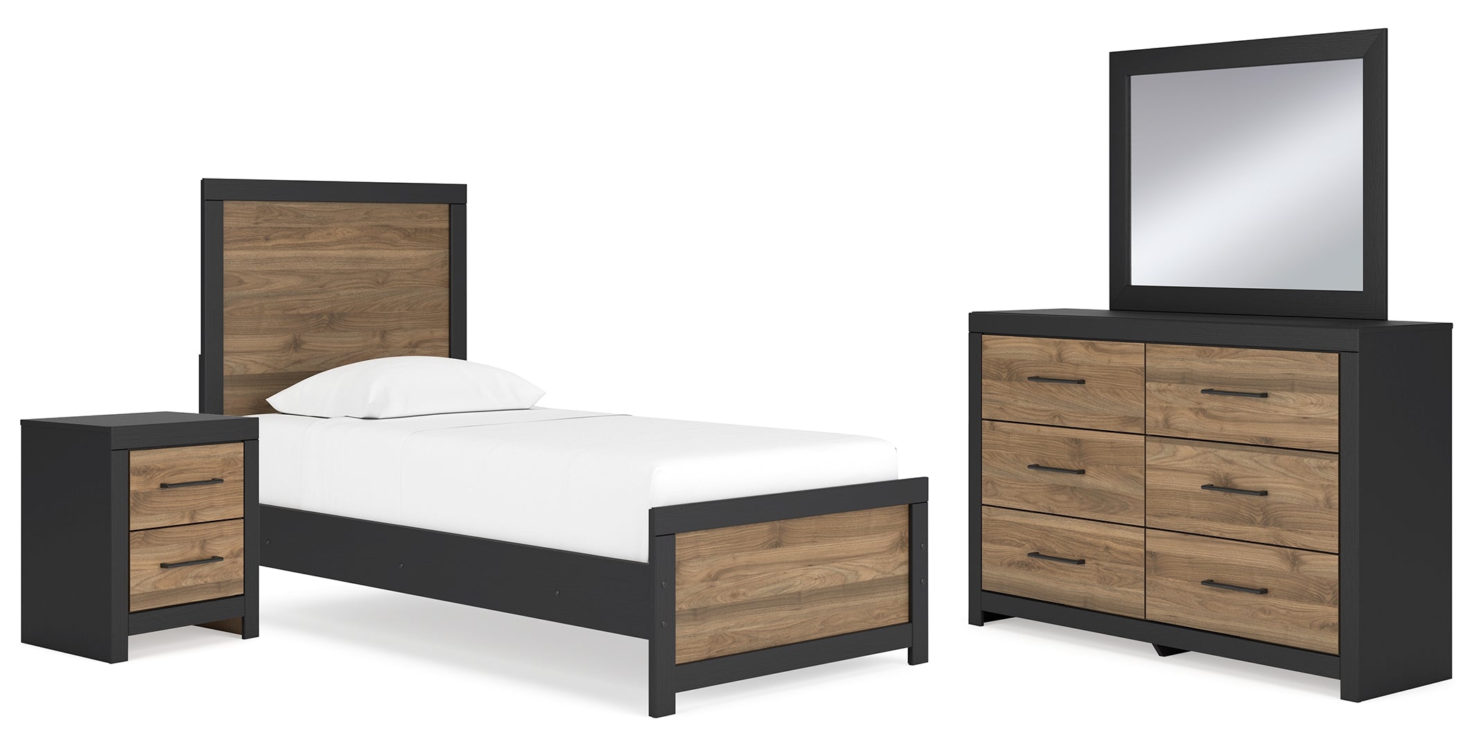 Vertani Twin Panel Bed with Mirrored Dresser and Nightstand