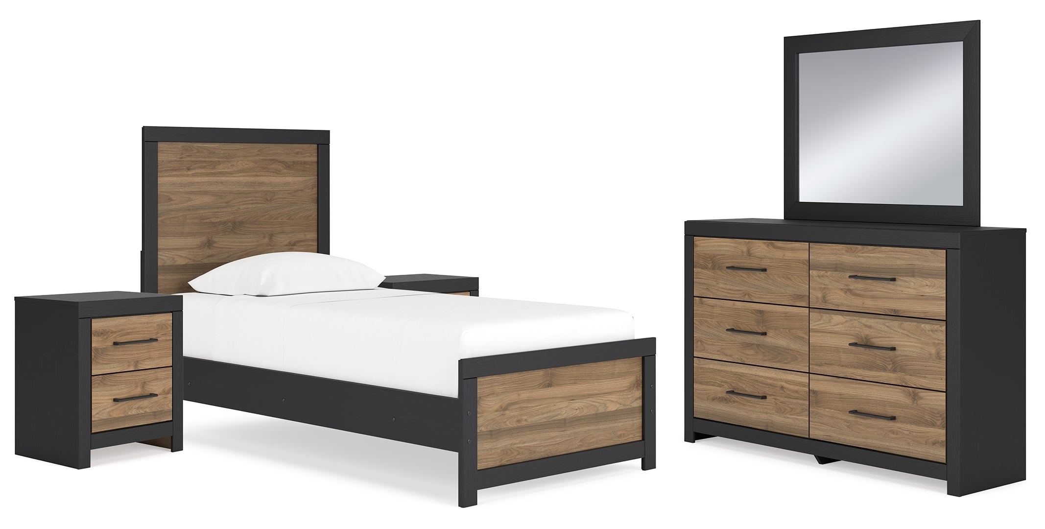 Vertani Twin Panel Bed with Mirrored Dresser and 2 Nightstands