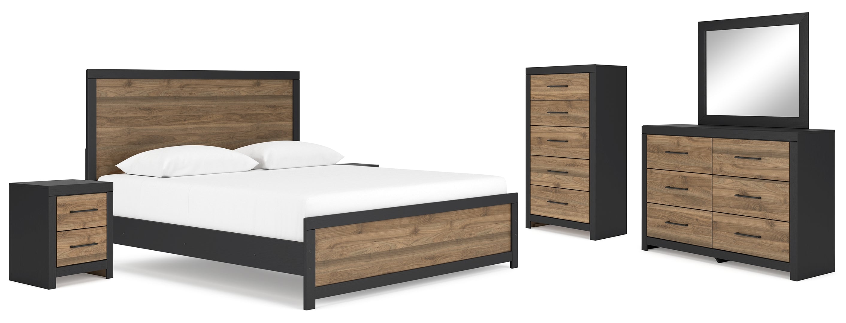 Vertani King Panel Bed with Mirrored Dresser, Chest and 2 Nightstands