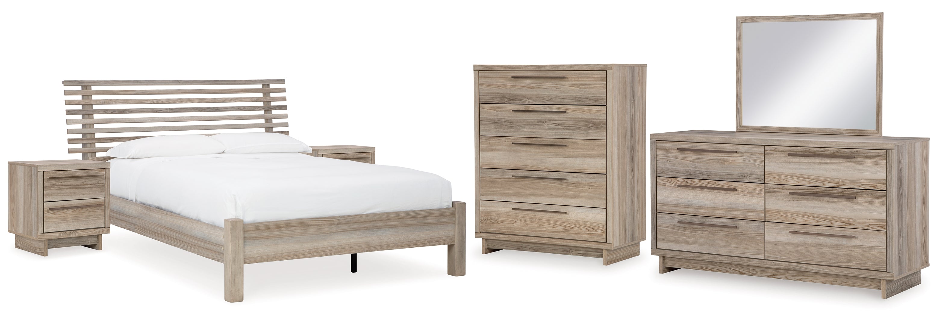 Hasbrick Queen Panel Bed with Mirrored Dresser, Chest and 2 Nightstands III