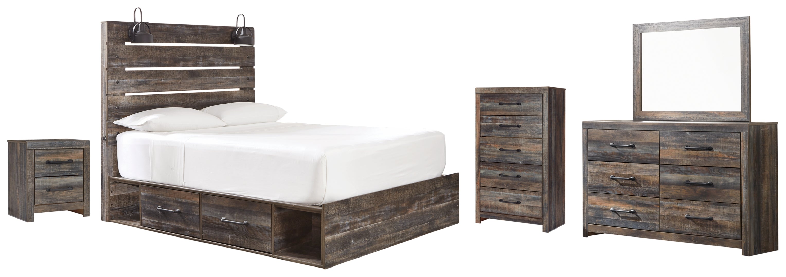 Drystan Twin Panel Bed with 2 Storage Drawers with Mirrored Dresser, Chest and Nightstand