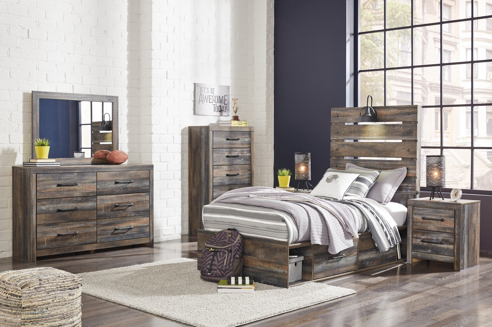 Drystan Twin Panel Bed with 2 Storage Drawers with Dresser