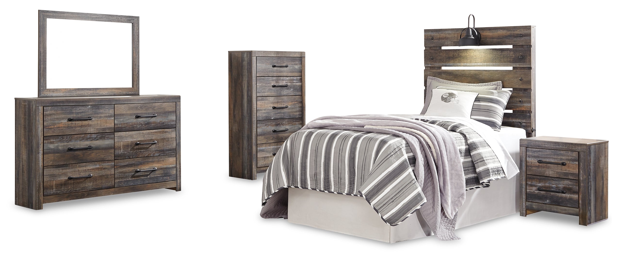 Drystan Twin Panel Headboard Bed with Mirrored Dresser, Chest and Nightstand