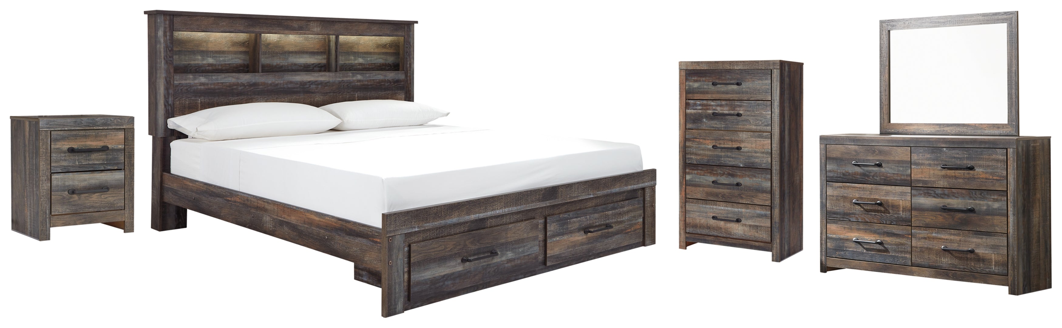 Drystan King Bookcase Bed with 2 Storage Drawers with Mirrored Dresser, Chest and Nightstand I