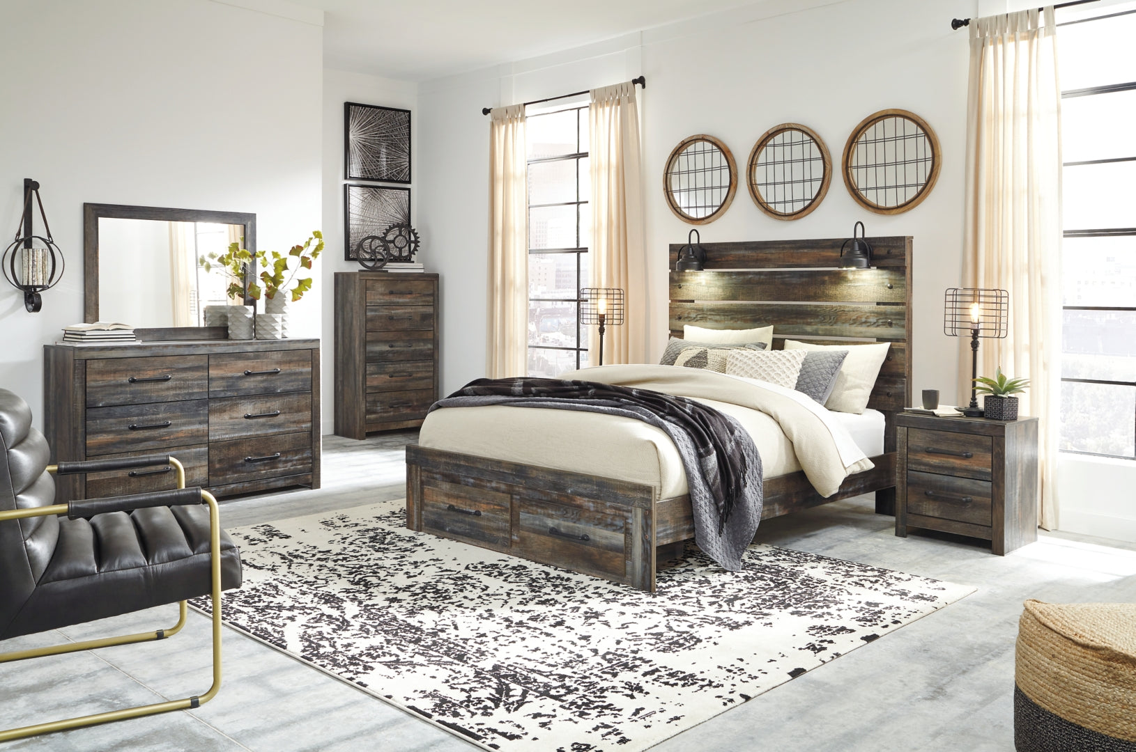 Drystan Queen Panel Bed with 2 Storage Drawers with Mirrored Dresser and Nightstand