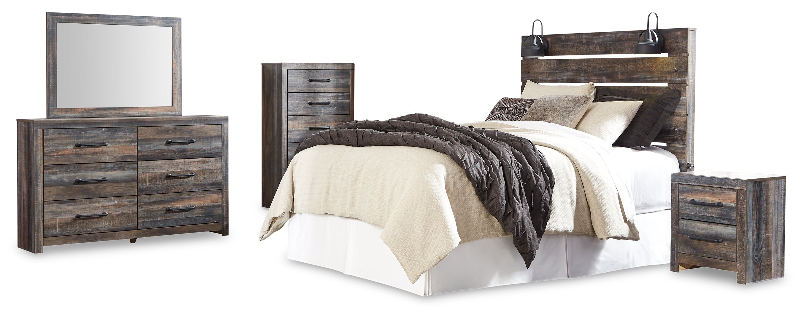 Drystan Queen Panel Headboard Bed with Mirrored Dresser, Chest and Nightstand