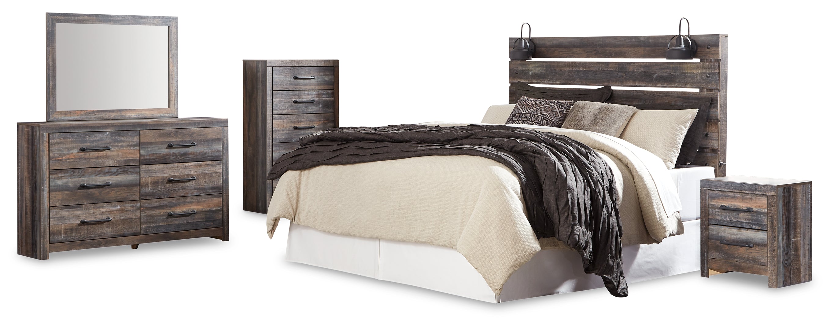 Drystan King Panel Headboard Bed with Mirrored Dresser, Chest and Nightstand