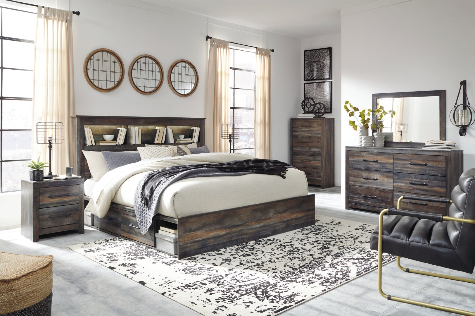 Drystan King Panel Bed with Storage with Mirrored Dresser, Chest and Nightstand