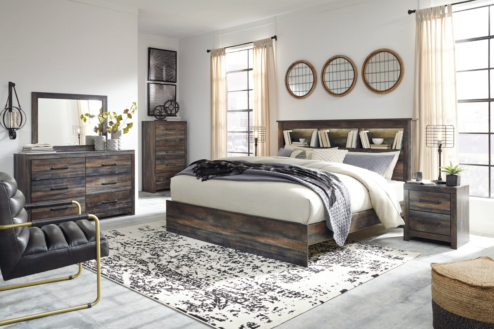 Drystan King Panel Bed with Storage with Mirrored Dresser, Chest and Nightstand