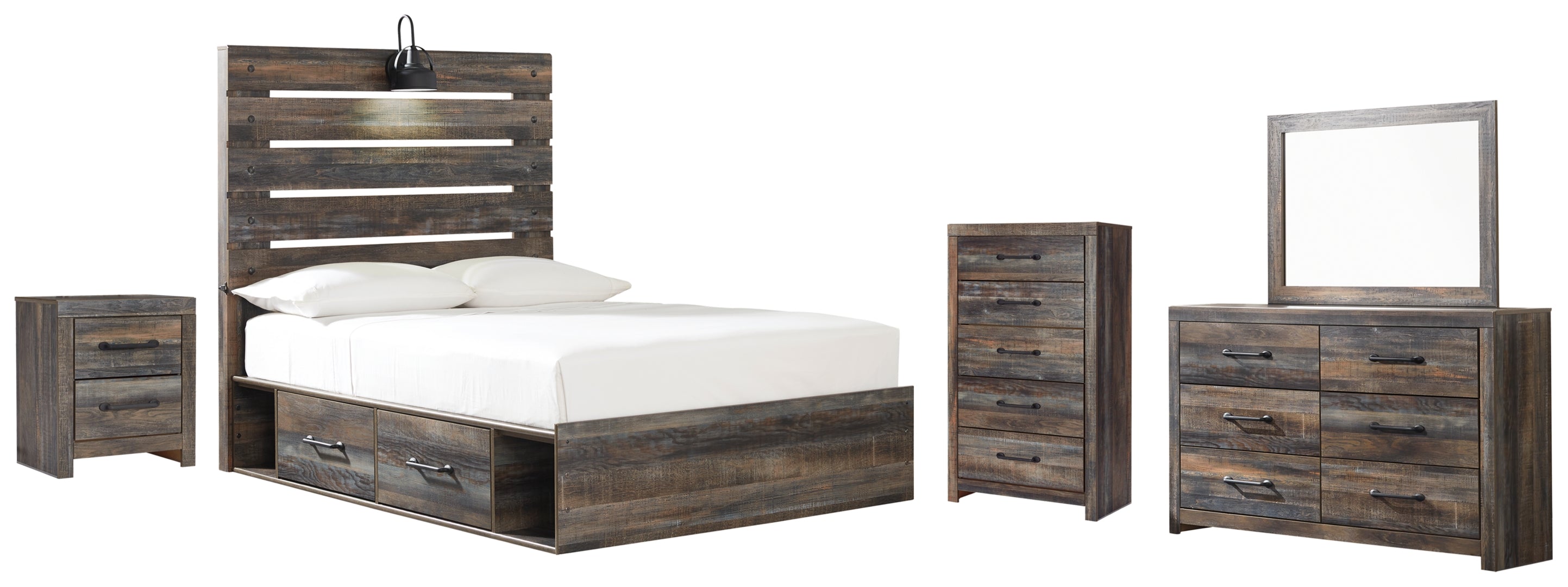 Drystan Full Panel Bed with 2 Storage Drawers with Mirrored Dresser, Chest and Nightstand