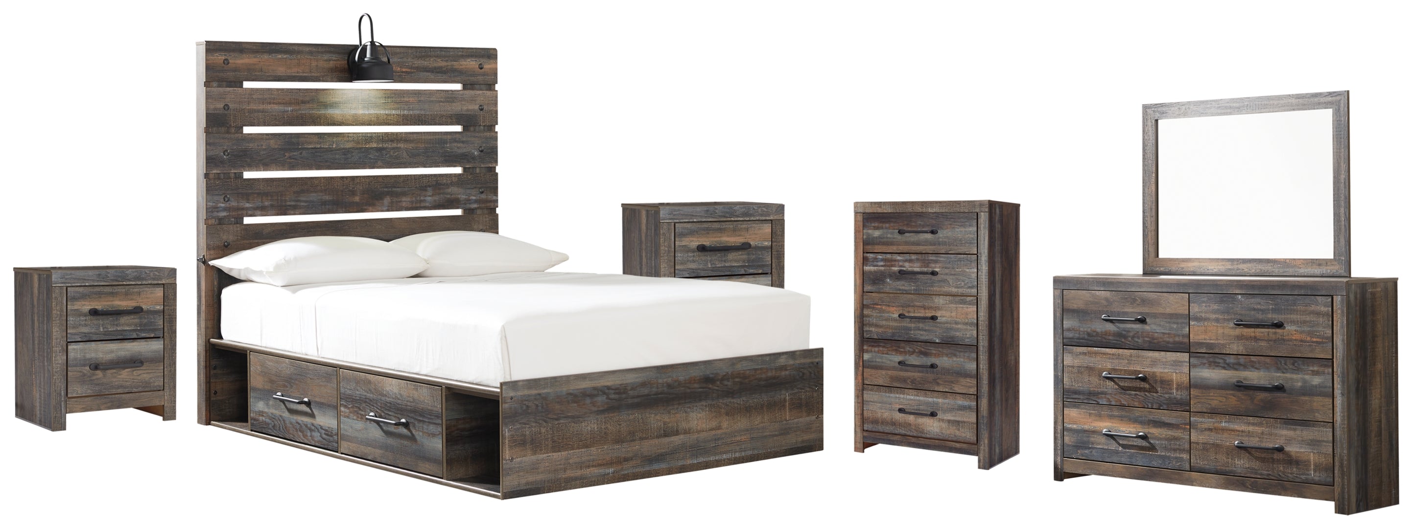 Drystan Full Panel Bed with 2 Storage Drawers with Mirrored Dresser, Chest and 2 Nightstands