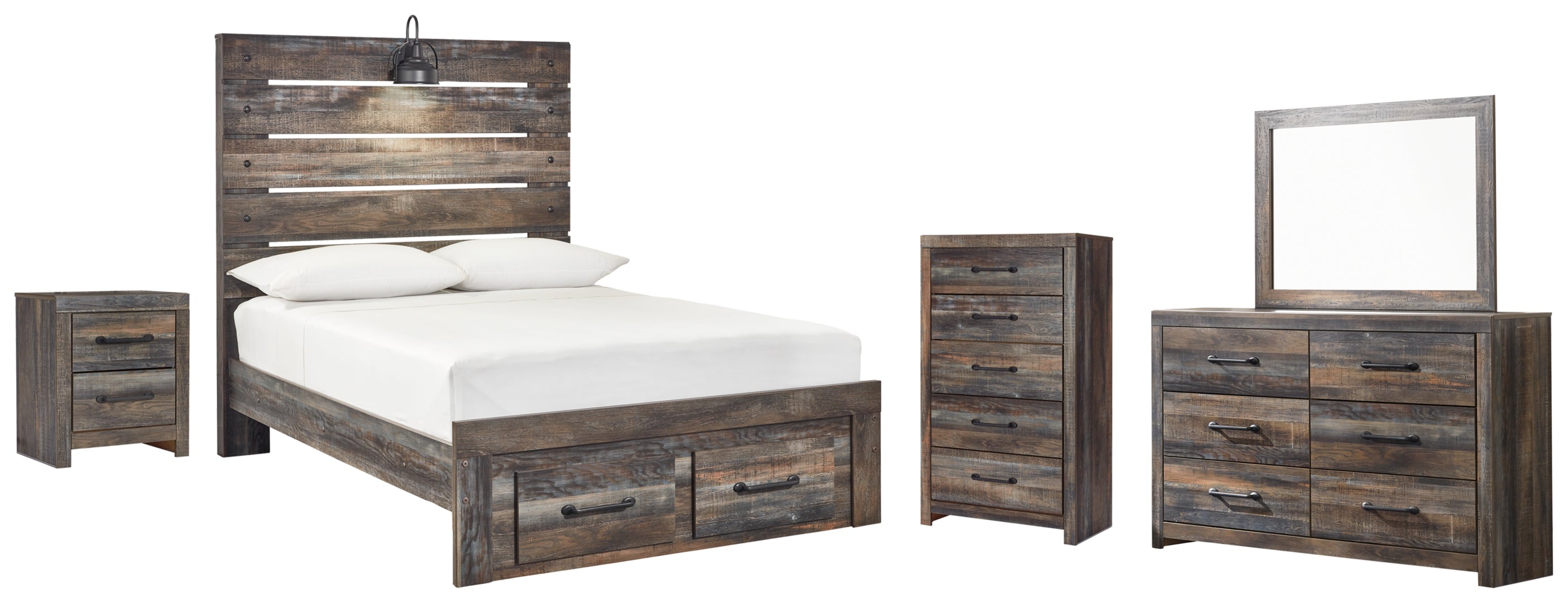 Drystan Full Panel Bed with 2 Storage Drawers with Mirrored Dresser, Chest and Nightstand I