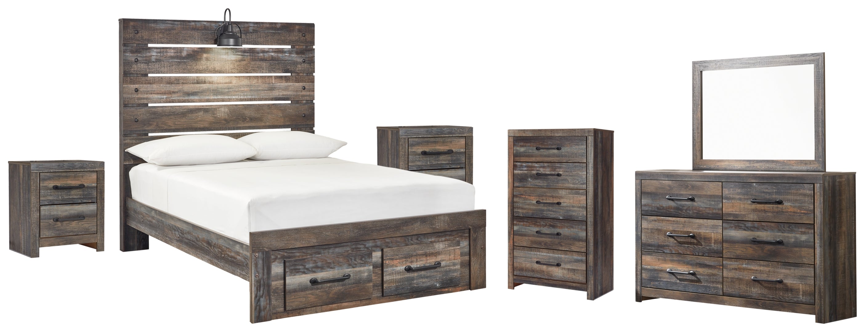 Drystan Full Panel Bed with 2 Storage Drawers with Mirrored Dresser, Chest and 2 Nightstands I