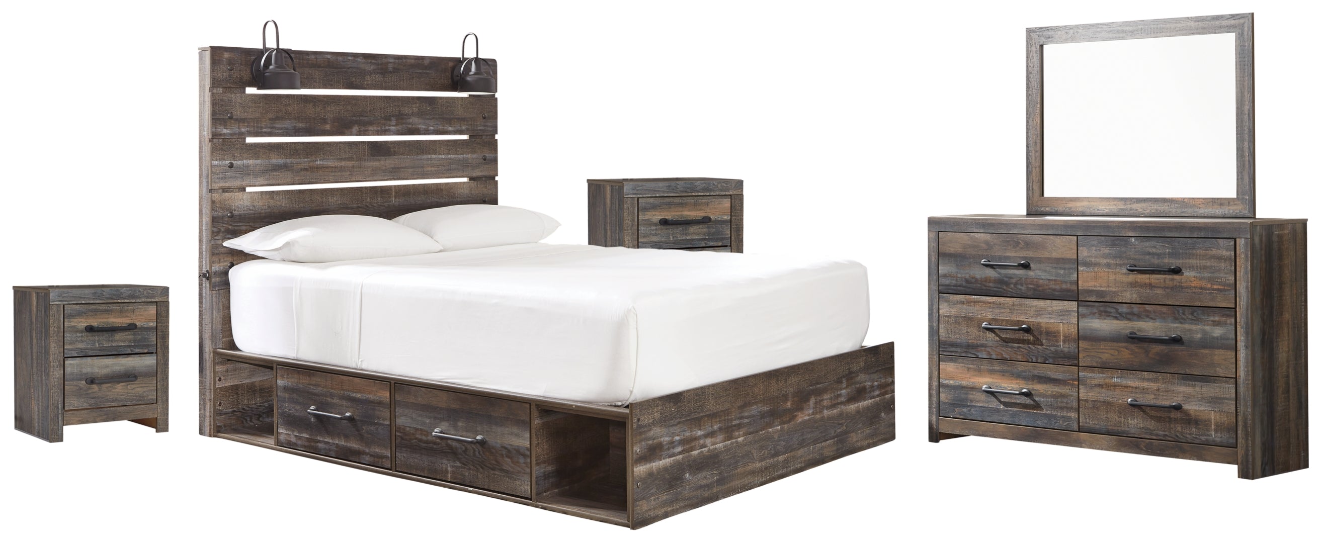 Drystan Twin Panel Bed with 2 Storage Drawers with Mirrored Dresser and 2 Nightstands