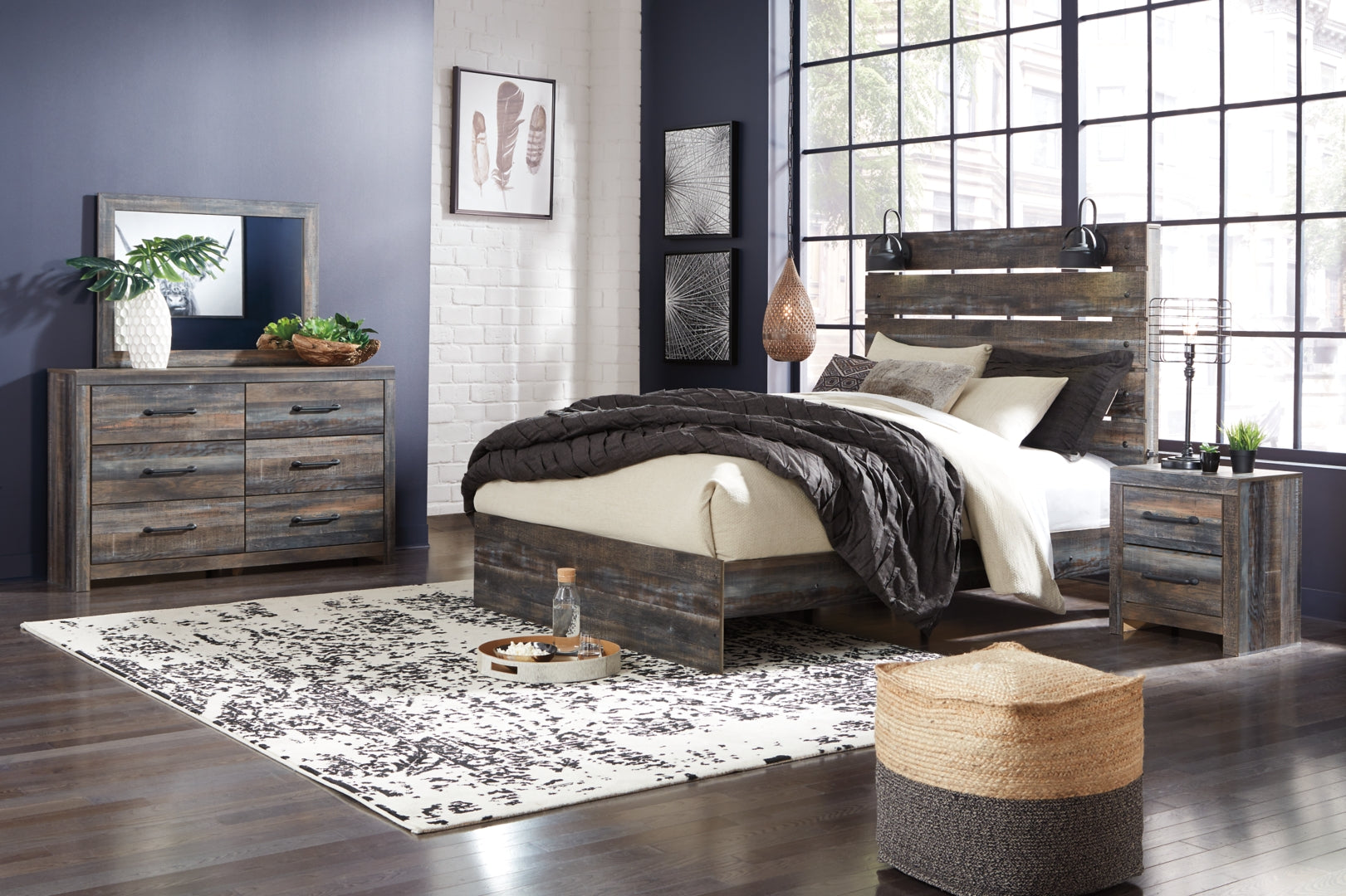 Drystan Queen Panel Bed with 2 Storage Drawers with Mirrored Dresser and Nightstand