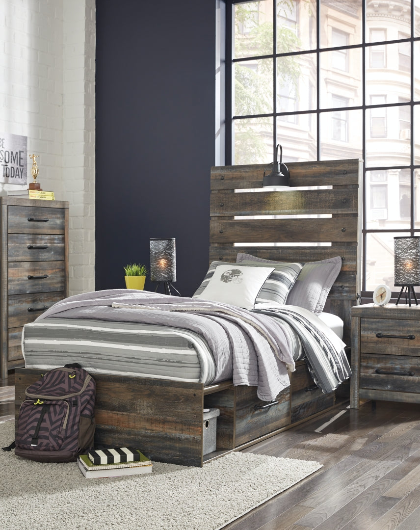 Drystan Twin Panel Bed with 2 Storage Drawers with Dresser