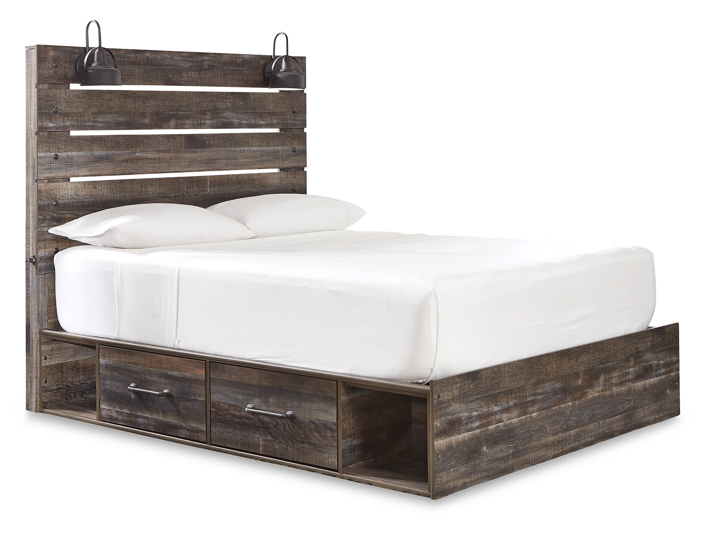 Drystan Queen Panel Bed with 2 Storage Drawers with Mirrored Dresser and Nightstand