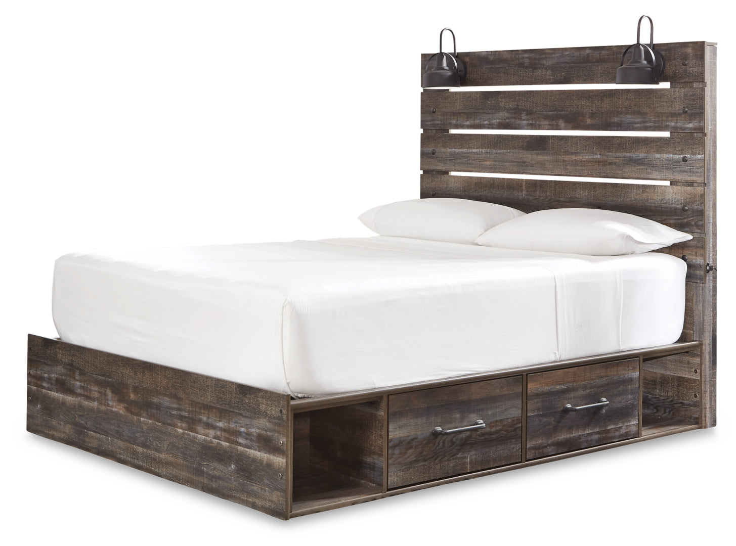 Drystan Queen Panel Bed with 2 Storage Drawers with Mirrored Dresser and Nightstand