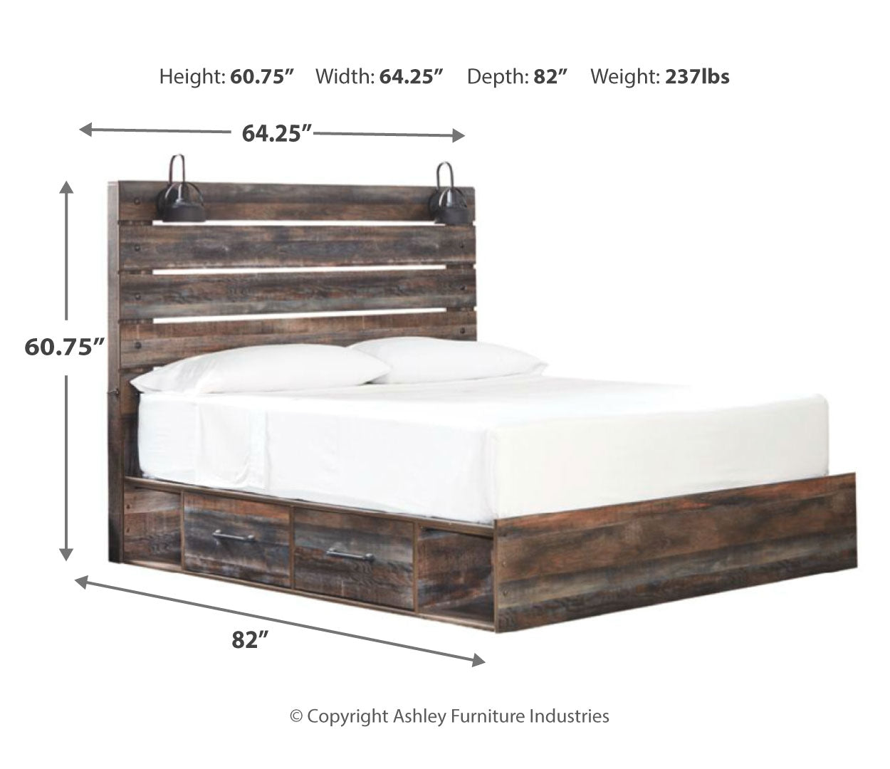 Drystan King Panel Bed with 4 Storage Drawers with Mirrored Dresser and Chest