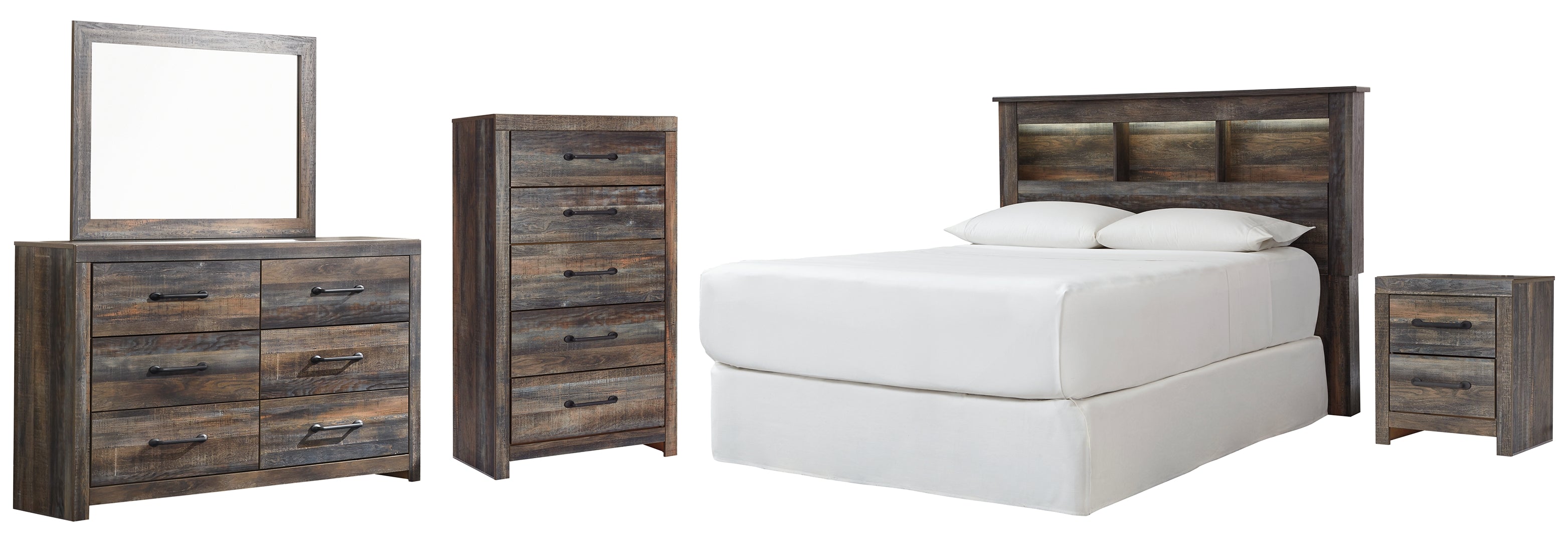 Drystan Queen/Full Bookcase Headboard Bed with Mirrored Dresser, Chest and Nightstand