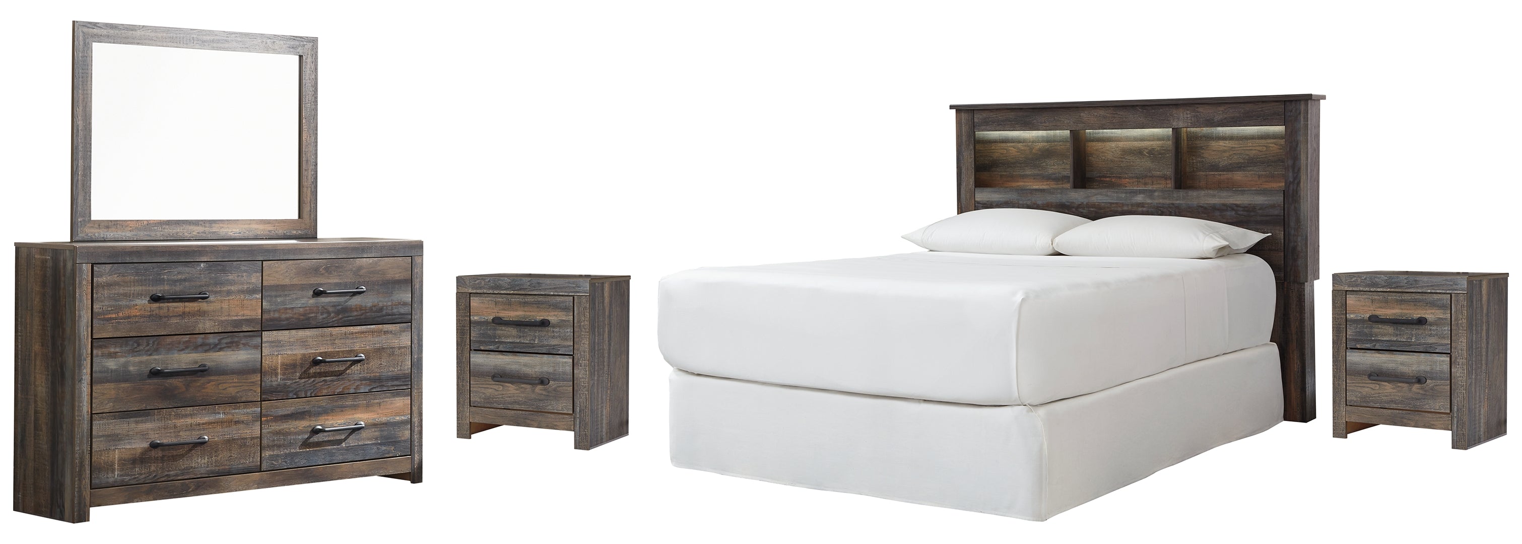 Drystan Queen/Full Bookcase Headboard Bed with Mirrored Dresser and 2 Nightstands